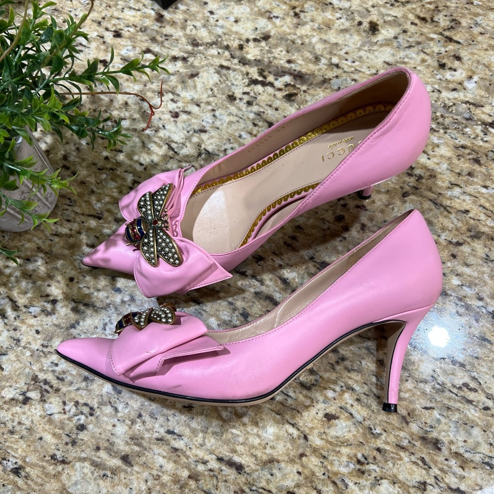 GUCCI Nappa Queen Margaret Bow Mid Heel Pointed Toe Pumps 38 Sugar Pink